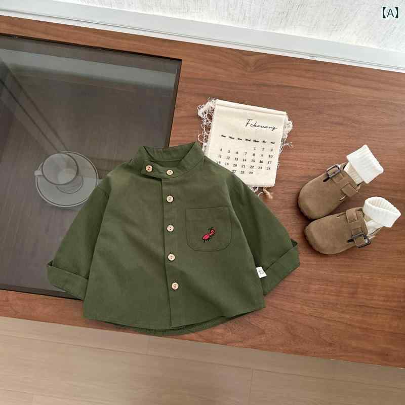 シャツ キッズ 男の子 ベビー 安心安全 柔らか コットン 綿100% スタンドカラー 長袖 刺繡 カートゥーン おしゃれ かっこいい 韓国風 春秋 トップス グリーン アプリコット