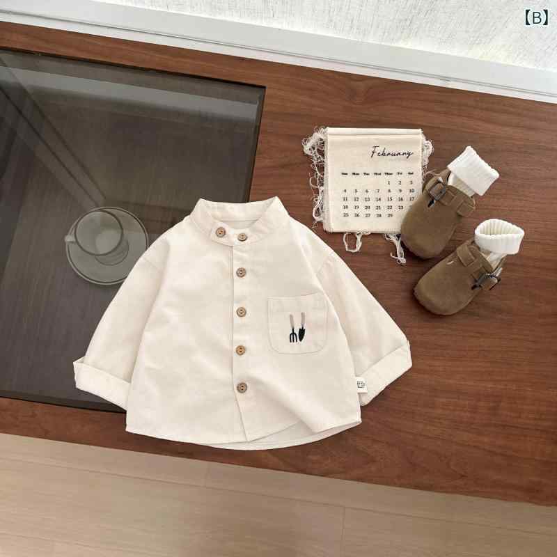 シャツ キッズ 男の子 ベビー 安心安全 柔らか コットン 綿100% スタンドカラー 長袖 刺繡 カートゥーン おしゃれ かっこいい 韓国風 春秋 トップス グリーン アプリコット