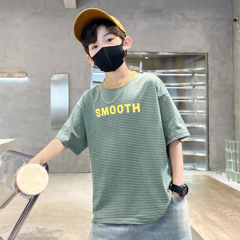 Tシャツ 男の子 男児 キッズ 半袖 吸湿速乾 薄手 柔らか 襟付き 春夏 ストライプ柄 ボーダー ロゴプリント 綿 コットン おしゃれ カジュアル 普段着 通学 部屋着