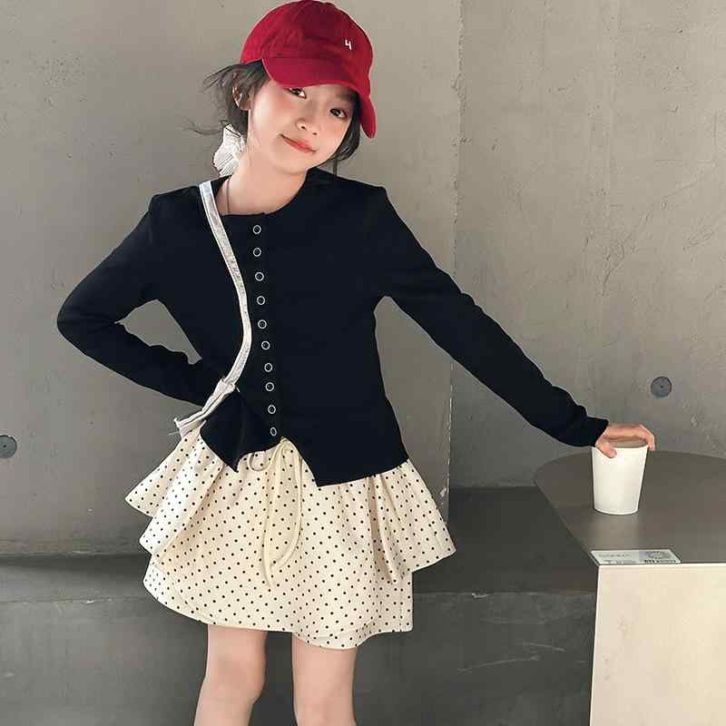 キッズ ジュニア 女の子 春物 韓国風 ニットカーディガン ショートスカート 2点セット セットアップ 肌触り良い 柔らか素材 長袖 通学 お出かけ カジュアル 無地 ポリエステル