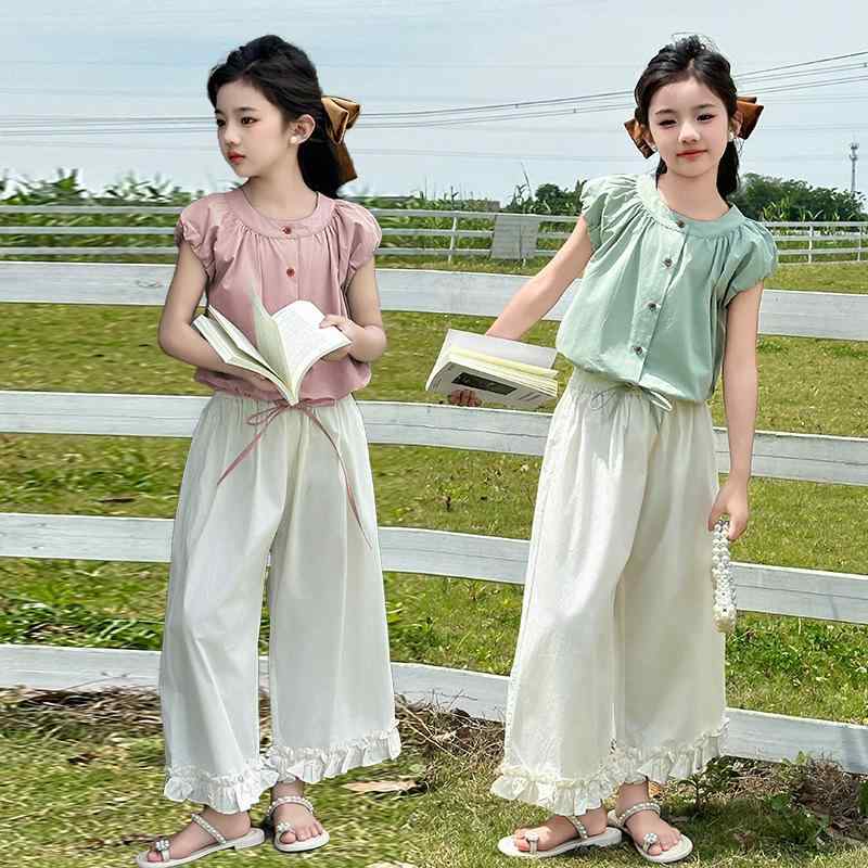キッズ 女の子 夏 セットアップ 半袖 パフスリーブ プルオーバー トップス 綿混 クロップドワイドパンツ 2点セット おしゃれ 薄手 柔らか 韓国子供服 ジュニア ティーンズ 120cm 130cm 140cm 150cm 160cm 170cm