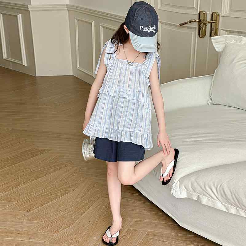 ジュニア 女の子 春夏 薄手 涼しい セットアップ 韓国ファッション キャミソール ノースリーブ ショートパンツ 柔らかい肌触り プルオーバー カジュアル ルームウェア ポリエステル