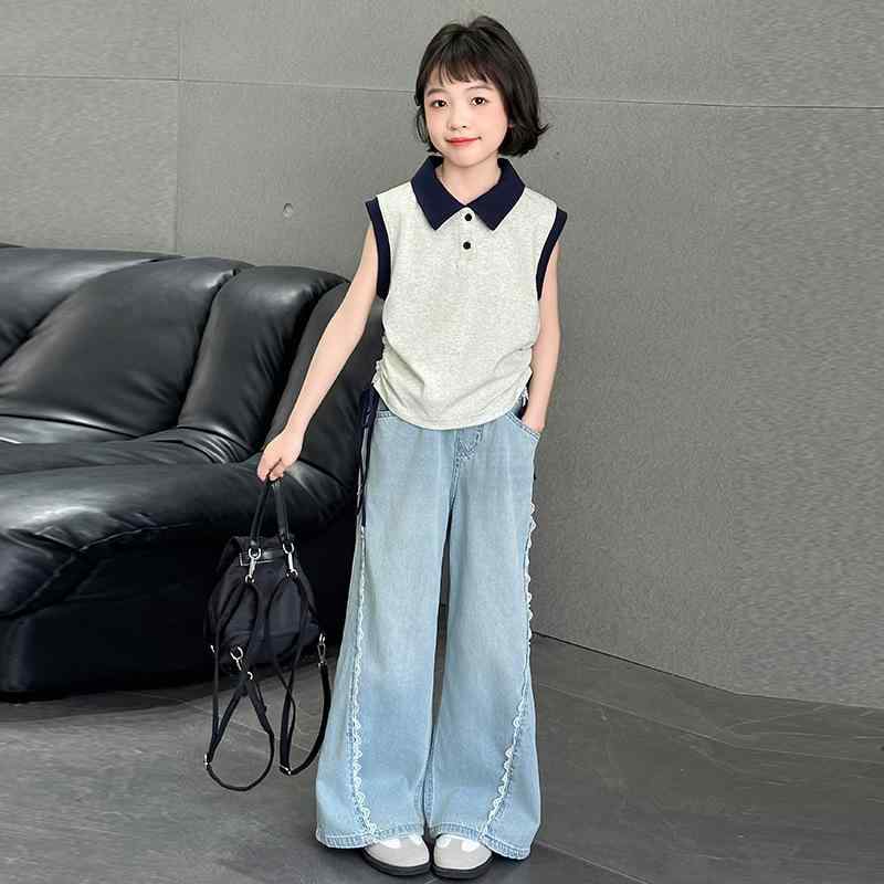 セットアップ キッズ 女の子 ジュニア 春夏 韓国風 オシャレ ノースリーブ ポロシャツ トップス 薄手 デニムパンツ ジーンズ ボトムス 2点セット コットン 柔らかい 涼しい 通園 通学 普段着 カジュアル