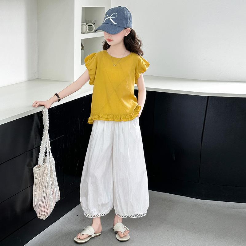 セットアップ 女の子 ガールズ キッズ ジュニア 小学生 中学生 夏物 半袖 韓国風 プルオーバー トップス フリル袖 バルーンパンツ カジュアルパンツ ロングパンツ 綿 コットン ポリエステル 薄手 柔らかい 無地 2点セット