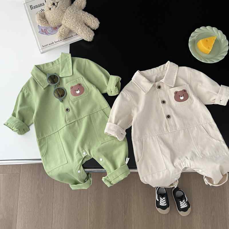 ロンパース ベビー 男の子 女の子 男女兼用 薄手 綿100% 秋物 韓国風 かわいい クマ柄 お出かけ着 カバ..