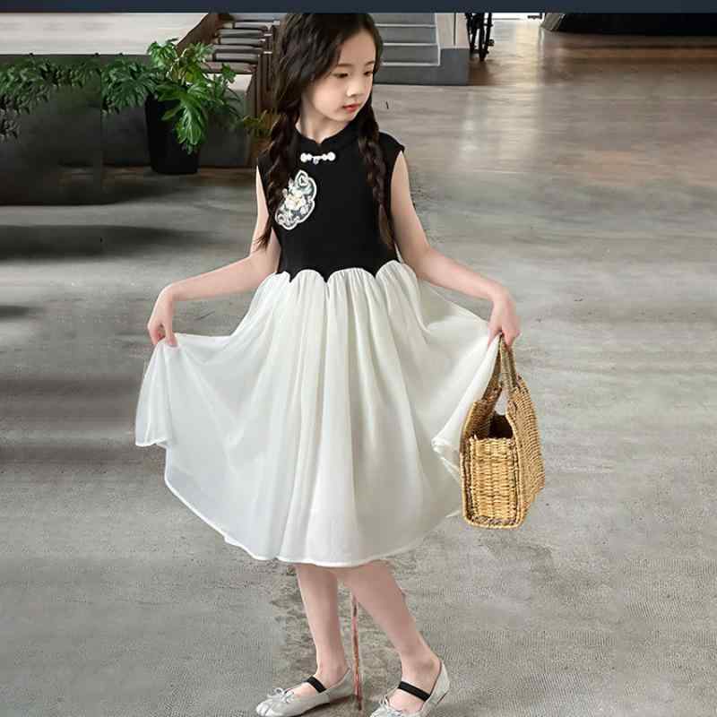 ワンピース 女の子 キッズ ジュニア 綿 ポリエステル ノースリーブ ソフト チャイナ風 切り替え チュー..