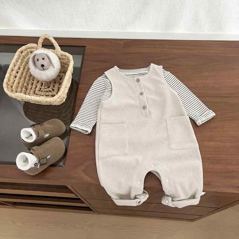 ベビー 男の子 女の子 ワッフル Tシャツ オーバーオール セットアップ 綿100% 長袖 ロングパンツ 春秋 ..