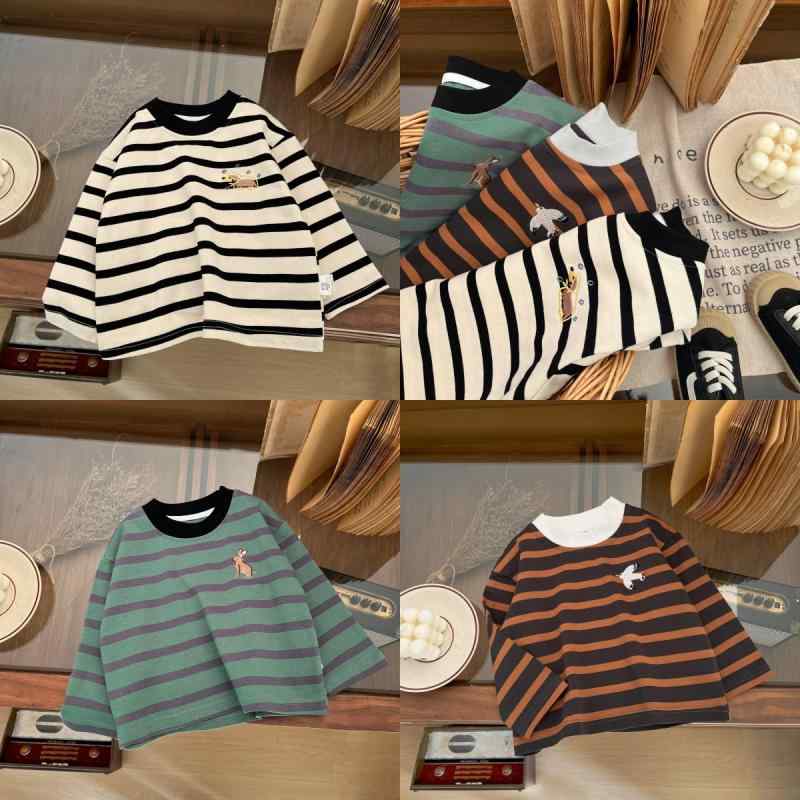 ベビー服 キッズ 男の子 女の子 韓国風 おしゃれ 配色切り替え ストライプ 長袖 Tシャツ 綿100% 吸汗速乾 やわらか肌触り カジュアル 春秋 トップス