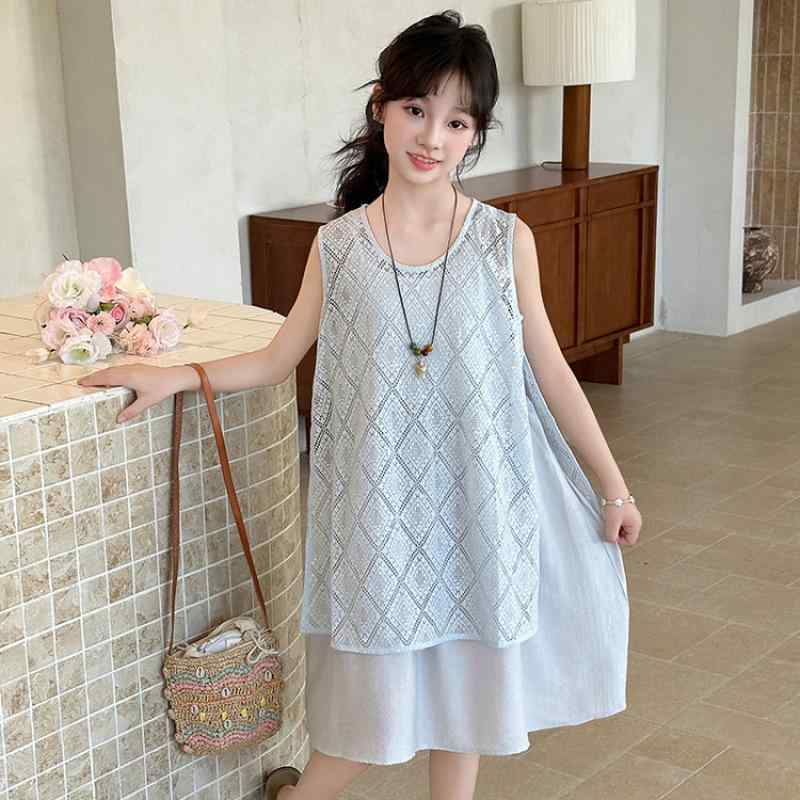 ワンピース 女の子 ジュニア 薄手 ノースリーブ 透かし編み 綿素材 柔らかい肌触り 夏 かわいい スイー..