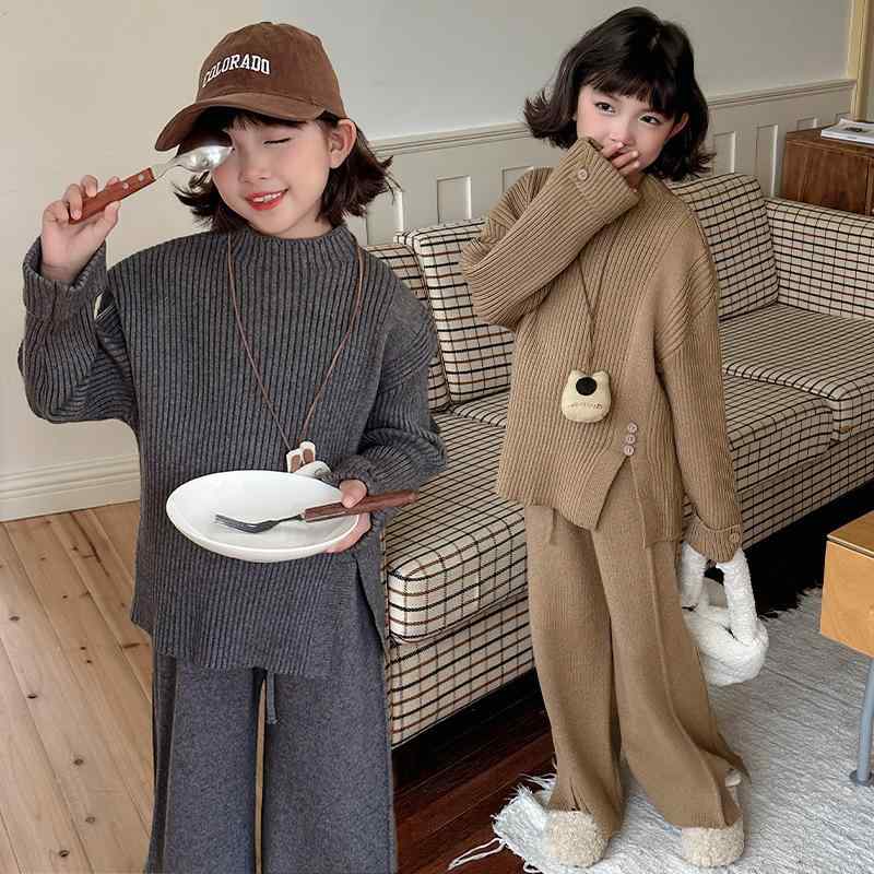 ニットセットアップ ガールズ ジュニア 女の子 秋冬 プルオーバー 長袖 ワイドロングパンツ 2点セット 柔らかい 肌触り良い 無地 韓国ファッション トレンド カーキ チャコールグレー
