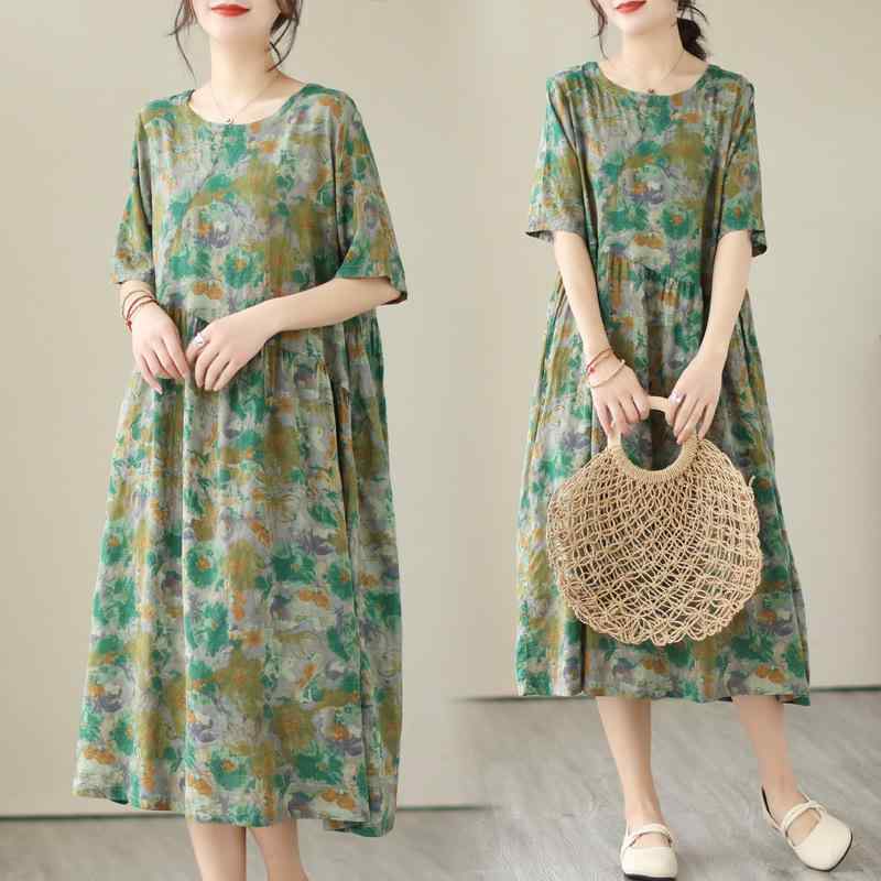 ワンピース レディース ゆったり 着痩せ レトロ ミディ丈 半袖 花柄 大きいサイズ 綿麻 プルオーバー Aライン ラウンドネック 通勤 オフィス エレガント シティ