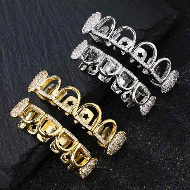 グリルズ メンズ レディース ヒップホップ 金歯 ハロウィン コスプレ パーティー ダンス イベント 銅製 ジルコニア 透かし彫り ジオメトリック ゴールド シ...