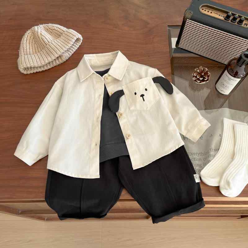 シャツ 男の子 ベビー 綿100% コットン 柔らかな肌触り キャラクター 子犬柄プリント カジュアル 長袖 襟付き 春秋 普段着 通園 おしゃれ トップス