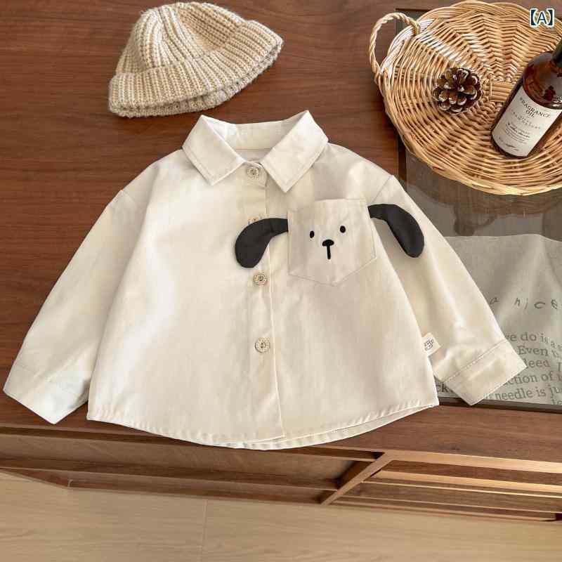 シャツ 男の子 ベビー 綿100% コットン 柔らかな肌触り キャラクター 子犬柄プリント カジュアル 長袖 襟付き 春秋 普段着 通園 おしゃれ トップス