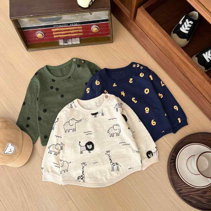 Tシャツ ベビー キッズ 男の子 女の子 吸湿速乾 柔らかい肌触り 綿100% 長袖 丸首 クルーネック キャラクタープリント アニマル柄 韓国子供服 春秋 普段着 A類