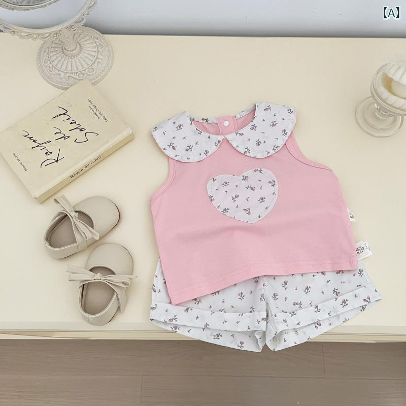 セットアップ ベビー 女の子 薄手 綿素材 肌触り良い かわいい おしゃれ ドールカラー襟 ノースリーブトップス 花柄ショートパンツ 2点セット 春夏 幼児服