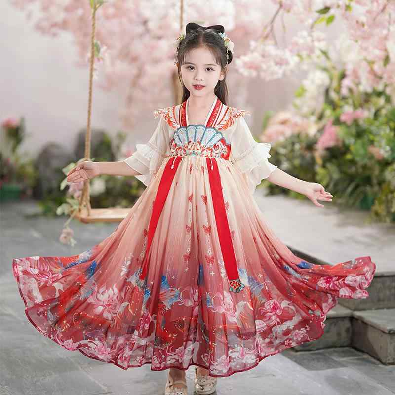 ワンピース 女の子 子供 キッズ ドレス 中国風 漢服 斉胸襦裙 唐装 チャイナドレス マーメイド プリンセス 春夏 薄手 花柄 かわいい 切り替え ポリエステル イベント 発表会 衣装