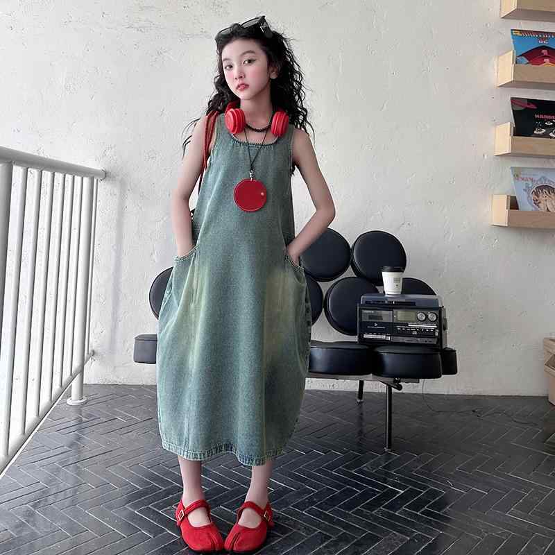 ワンピース キッズ 女の子 ジュニア デニム ノースリーブ ジャンパースカート サロペットスカート Aラ..