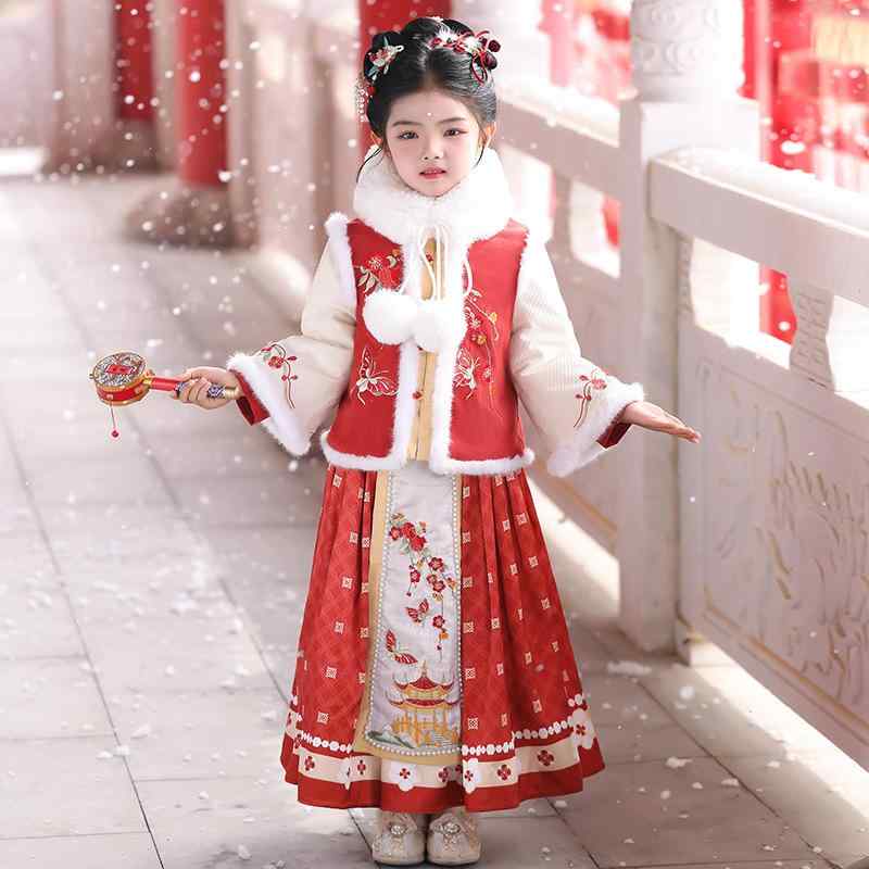 唐装 漢服 キッズ 女の子 ベビー 柔らか肌触り プリント 切り替え 新中国風 古風 馬面袴スカート セッ..