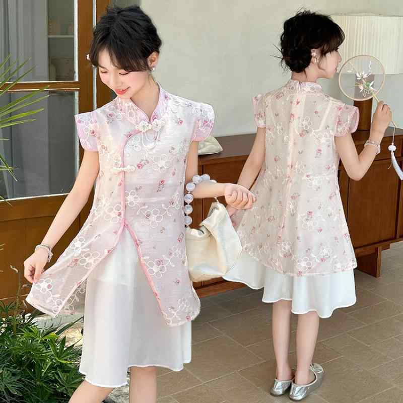 ワンピース キッズ 女の子 夏用 おしゃれ 新中華風 チャイナドレス プリンセス風 半袖 綿混 やわらか素..