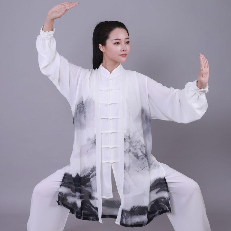 太極拳ウェア 男女兼用 披紗 ショール 軽量 薄手 リネン混 演武 練習着 発表会用 山水画 吉祥雲 箔押し 刺繍 グラデーションデザイン