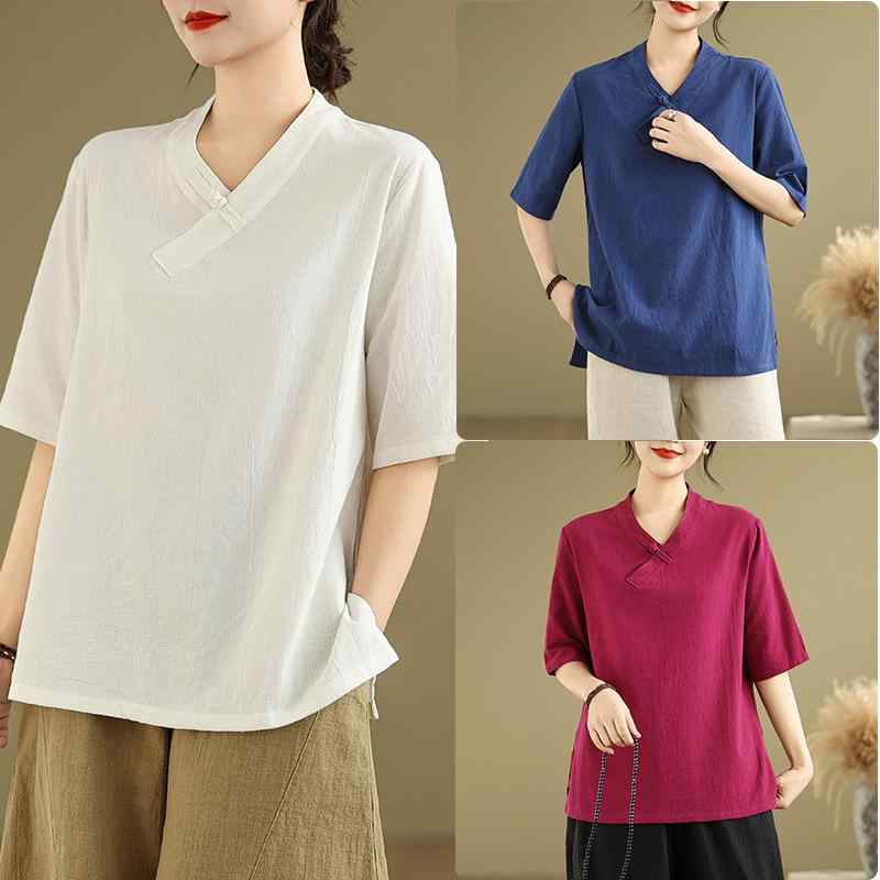 Tシャツ レディース 綿麻 半袖 Vネック ゆったり オーバーサイズ カットソー 春夏 レトロ エスニック ..