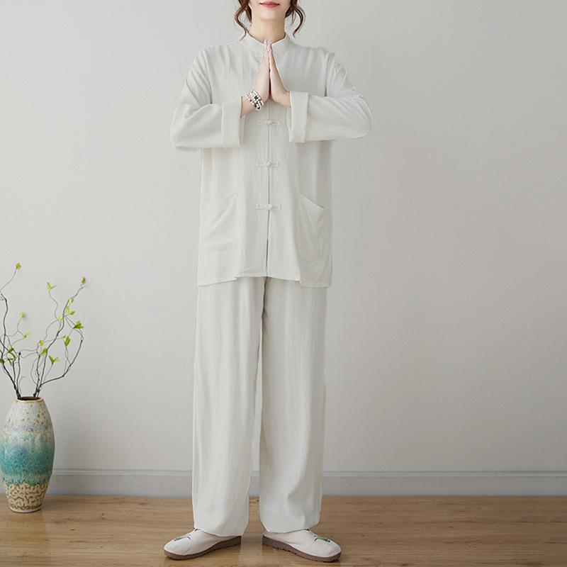 太極拳ウェア 男女兼用 2点セット ネオチャイニーズスタイル 禅スタイル ホワイト チャイナボタン セットアップ 練習着 綿麻素材 通気性 快適 リラックスウェア