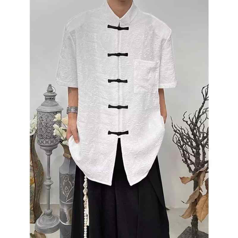 シャツ メンズ 洗濯機可 形態安定 半袖 夏 新中華風 龍柄 チャイナボタン 立ち襟 ゆったり カジュアル..