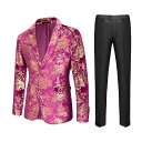 スーツ メンズ ジャケット パンツ スリムフィット オールシーズン ビジネスカジュアル ペイズリー柄 ドラゴン柄 ゴールドプリント ツーピース 2点セット