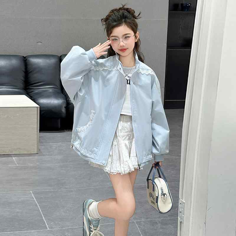 ジャケット キッズ 女の子 ガールズ ジップアップ レースデザイン 襟付き 長袖 春秋 おしゃれ かわいい 柔らか素材 カーディガン 羽織り ショート丈