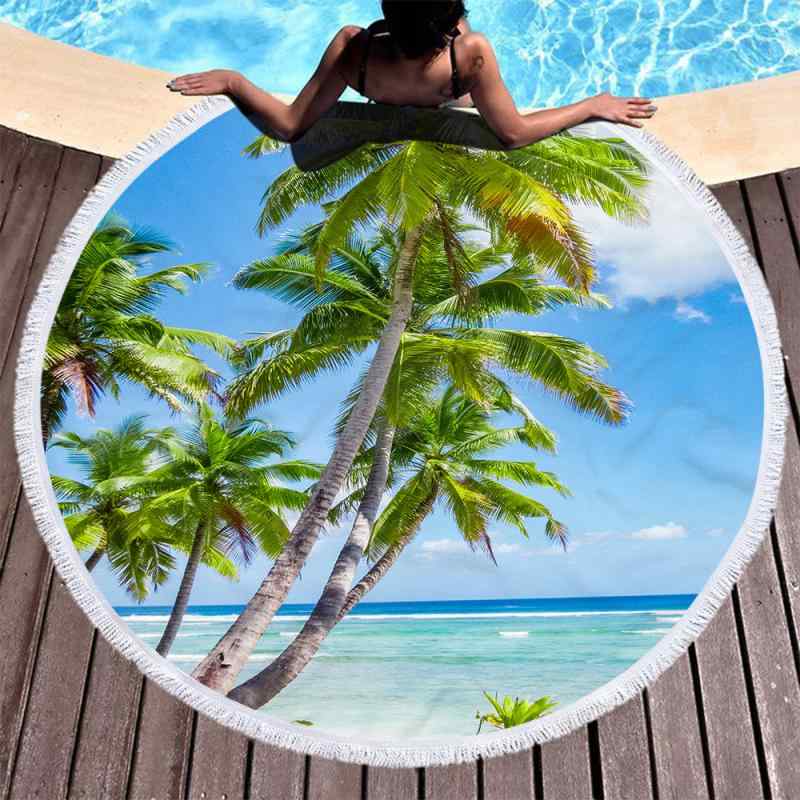 ビーチタオル 円形 丸型 マイクロファイバー 超極細繊維 吸水 速乾 フリンジ付き タッセル付き 3Dデジ..