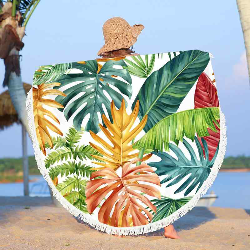 ビーチタオル 超極細繊維 マイクロファイバー 吸水速乾 大判 150cm ラウンド 円形 レジャーシート バスローブ 葉柄 ボタニカル柄 海水浴 プール 旅行 アウトドア(x2)