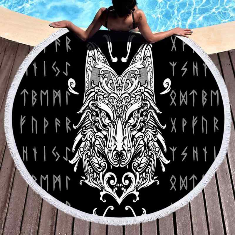 ビーチタオル マイクロファイバー 円形 平織り 吸水 速乾 フリンジ タッセル 幾何学模様 おしゃれ プリント柄 大判 バスタオル ランチョンマット ランチマット マルチカバー(x2)