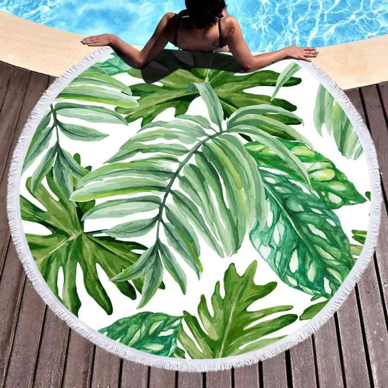 ビーチタオル 吸水速乾 軽量 円形 マイクロファイバー製 フリンジ付き おしゃれ 爽やか リーフ柄 スカル柄 プール 海水浴 レジャー アウトドア 大判 バスタオル(x2)