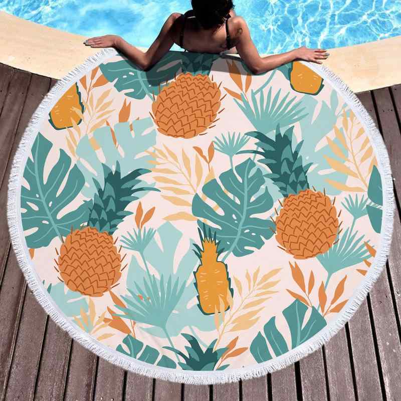 ビーチタオル マイクロファイバー 吸水 速乾 薄手 円形 丸型 パイナップル柄 3Dデジタルプリント ショール ランチョンマット ピクニックマット 海 プール レジャー アウトドア 旅行 スポーツ 夏(x2)