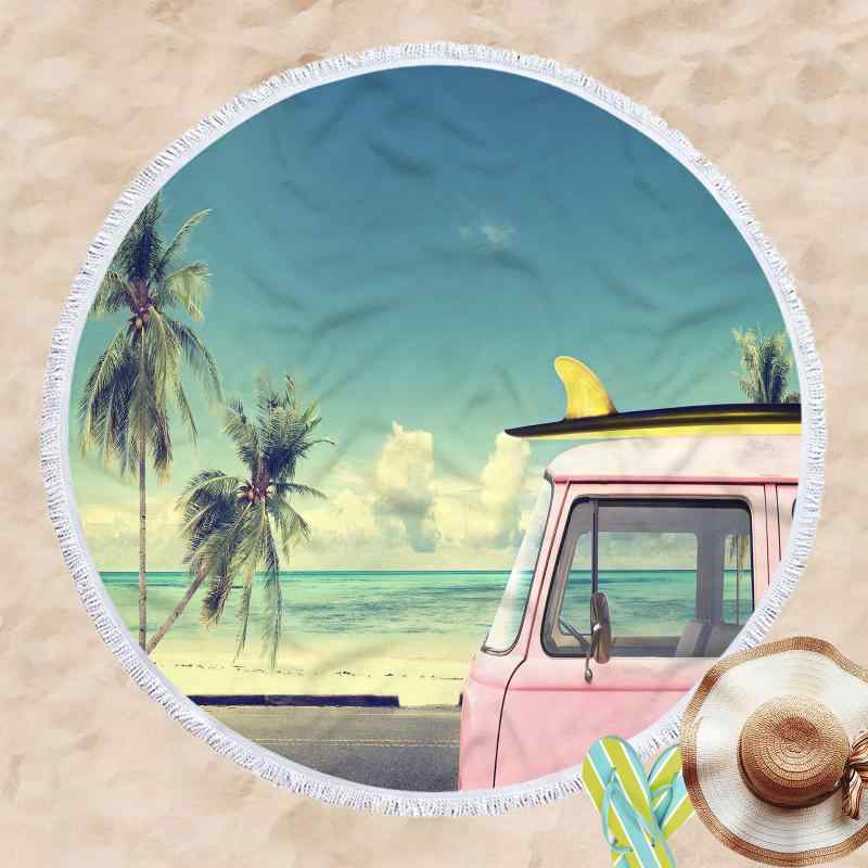 ビーチタオル マイクロファイバー 吸水 速乾 円形 丸型 大判 3Dデジタルプリント バス柄 ショール ひざ..