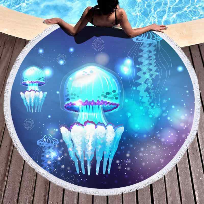 ビーチタオル 円形 丸型 大判 サークルタオル 3Dデジタルプリント 発光クラゲ柄 マイクロファイバー 吸水 速乾 ショール ビーチマット ランチマット マルチクロス(x2)