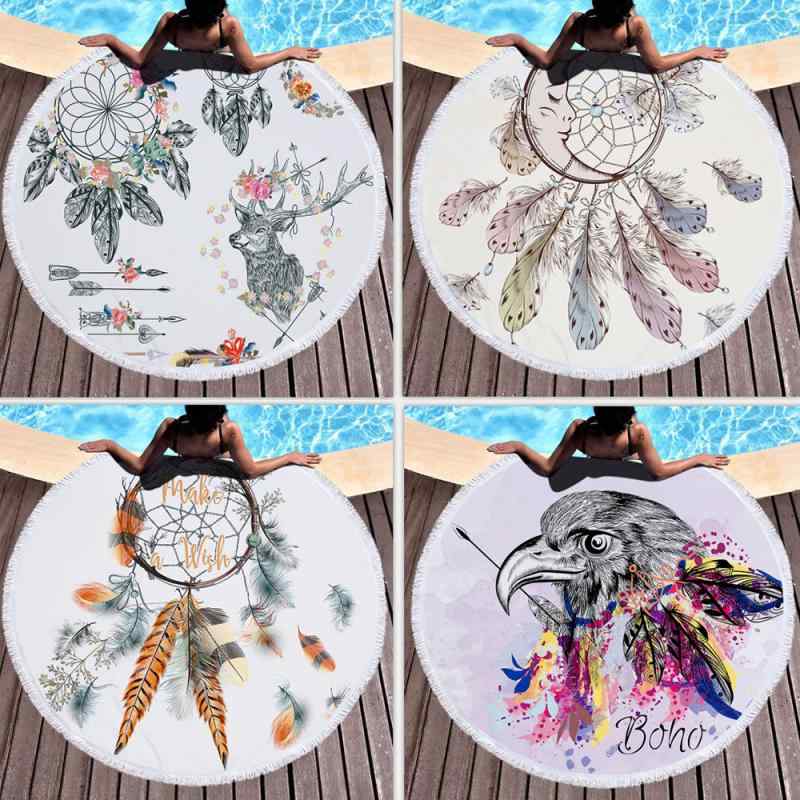 ビーチタオル 円形 マイクロファイバー 吸水速乾 大判 水彩 ドリームキャッチャー柄 プリント ショール ラグマット 軽量 速乾性 海水浴 プール レジャー リゾート おしゃれ