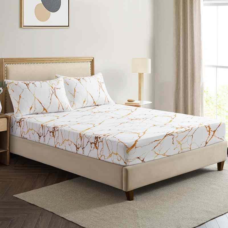 ベッドシーツ 大理石柄 幾何学模様 アートデザイン 3Dプリント プラチナカラー ポリエステル製 活性染..