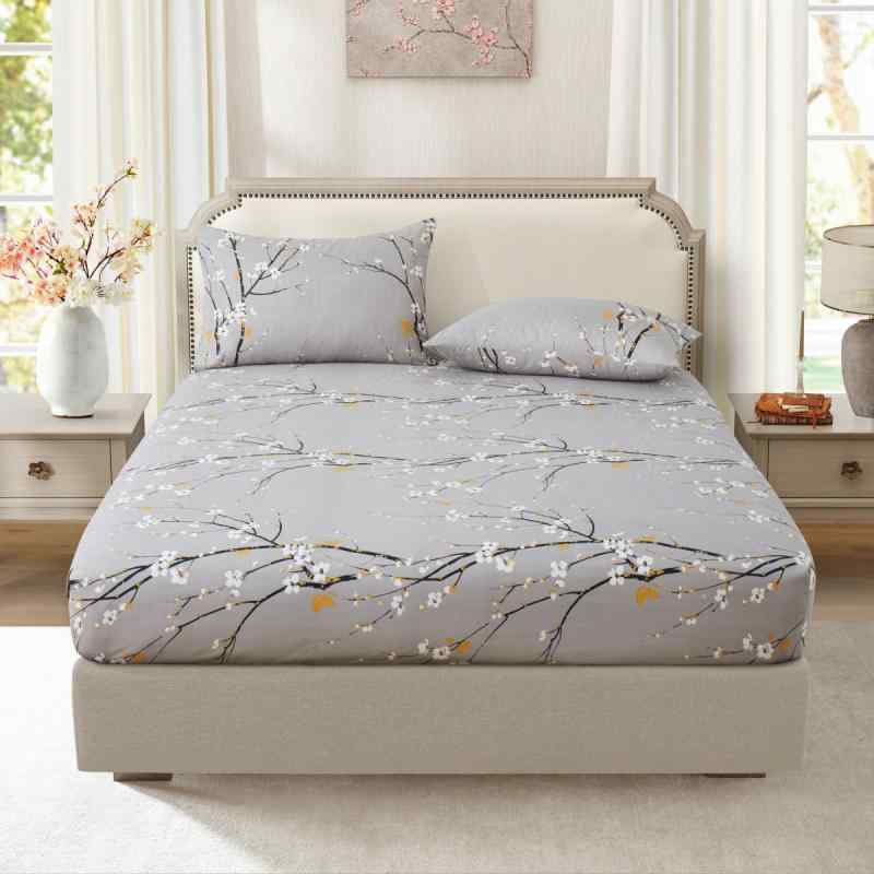 フィットシーツ グレー 梅花柄 フラワーデザイン 3D立体プリント ポリエステル素材 活性染料プリント ..