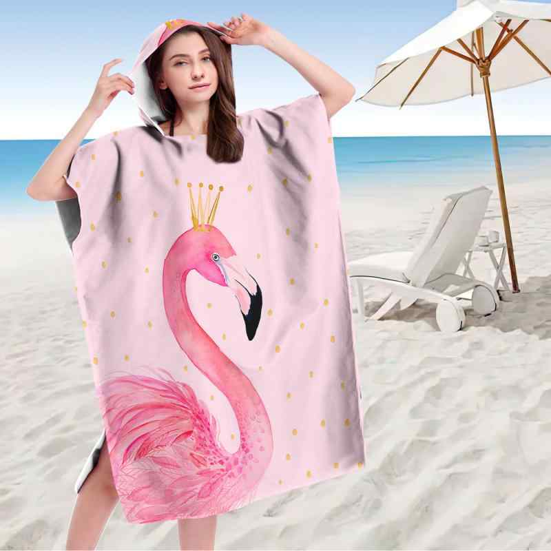 ポンチョ レディース メンズ フード付き 吸水 速乾 マイクロファイバー 着るバスタオル お着替えポンチョ ビーチタオル フラミンゴ柄 プリント 大人用 海水浴...