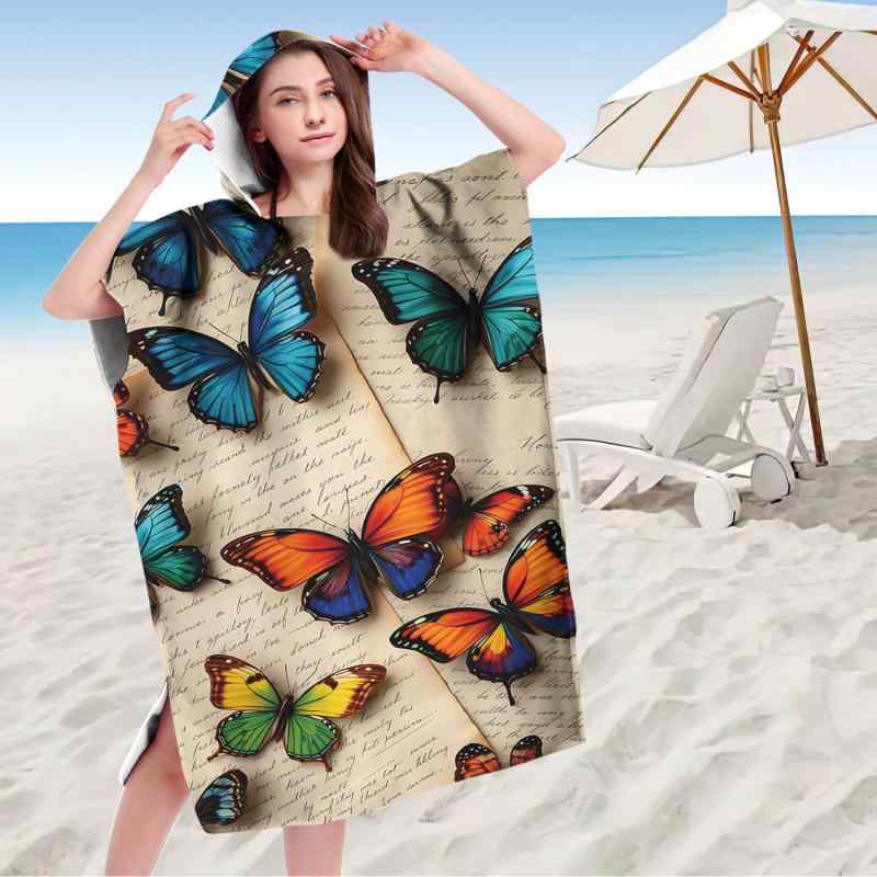 着替えポンチョ フード付き マイクロファイバー 厚手 吸水速乾 ビーチ 海水浴 プール お風呂上がり 大人用 バスタオル バスローブ バタフライ柄(x2)