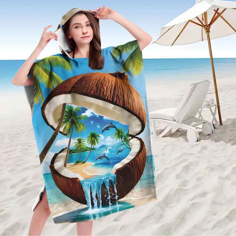 着るバスタオル フード付き マイクロファイバー 吸水速乾 大判 大人用 男女兼用 厚手 ビーチ プール レジャー 着替えポンチョ プリント マリン柄 海水浴 スポーツ(x2)