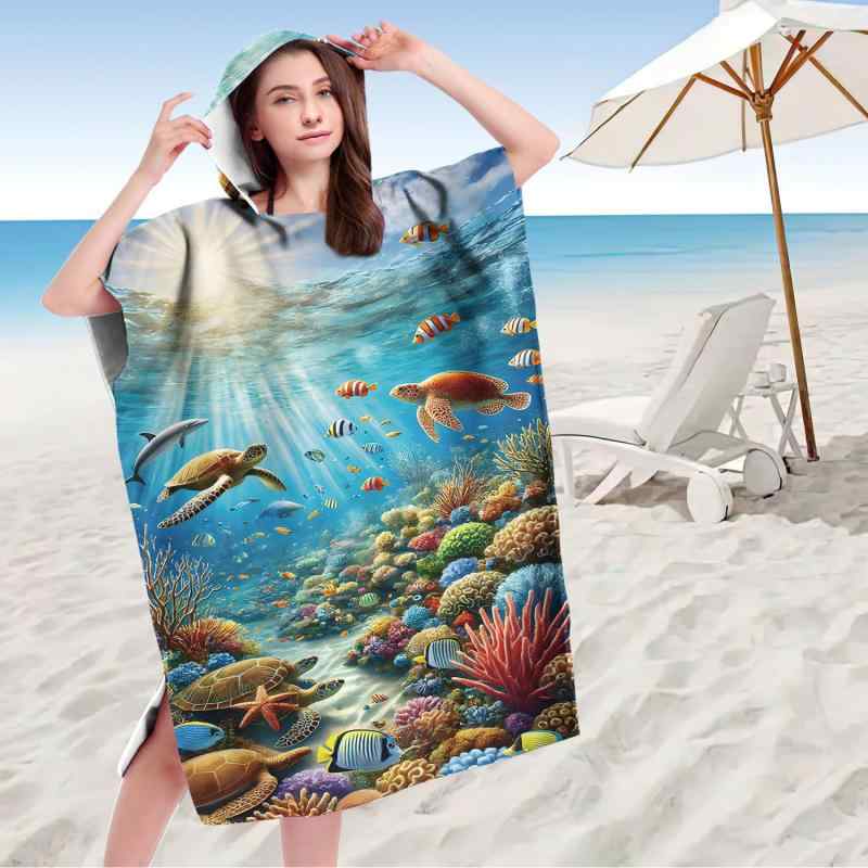 ビーチタオル 大人用 ポンチョ フード付き 着るお着替えタイプ マイクロファイバー 吸水速乾 厚手 海の..