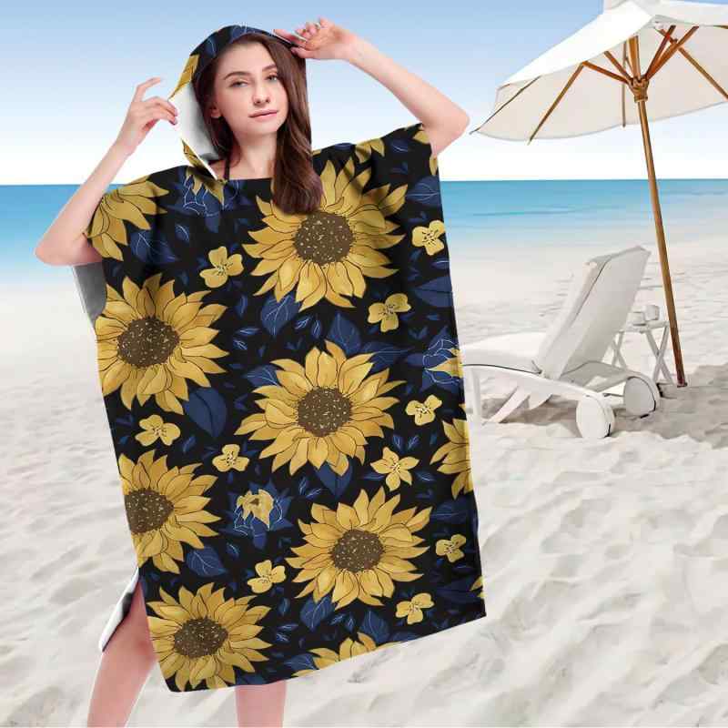 着替えポンチョ 男女兼用 フード付き マイクロファイバー 吸水速乾 軽量 ビーチ プール 海水浴 レジャー お風呂上がり 防寒 体型カバー バスローブ ひまわり柄 プリント おしゃれ(x2)