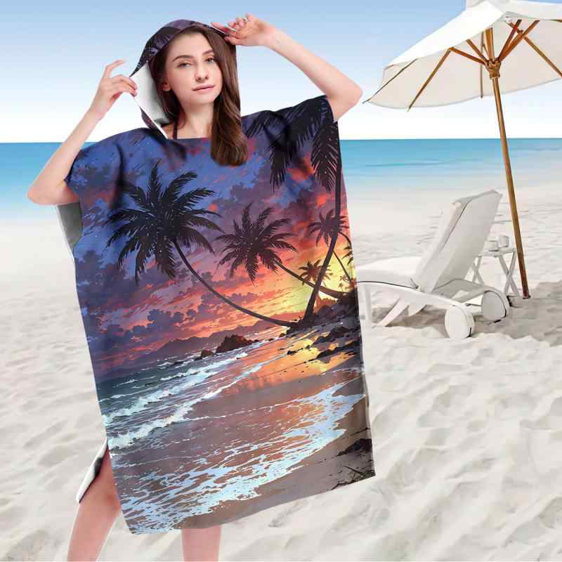 ポンチョ フード付き 着替え用 マイクロファイバー 吸水速乾 バスローブ ビーチタオル ヤシの木柄 総柄 プリント 海水浴 プール 旅行 レジャー 成人サイズ(x2)