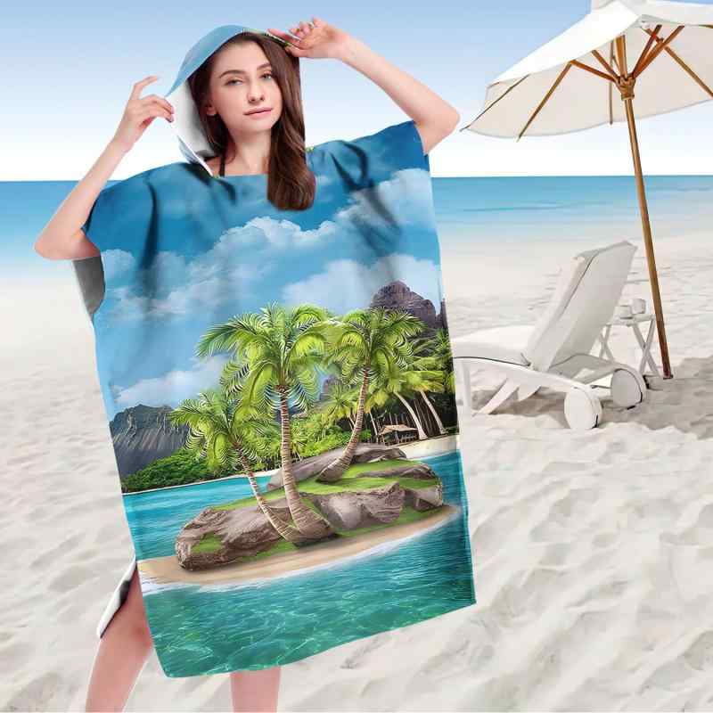 タオル 速乾 吸水 厚手 マイクロファイバー フード付き 着るバスタオル ビーチポンチョ 着替えタオル 大人用 プリント ココナッツ柄 ヤシの木柄 海水浴 サーフィン マリンスポーツ(x2)