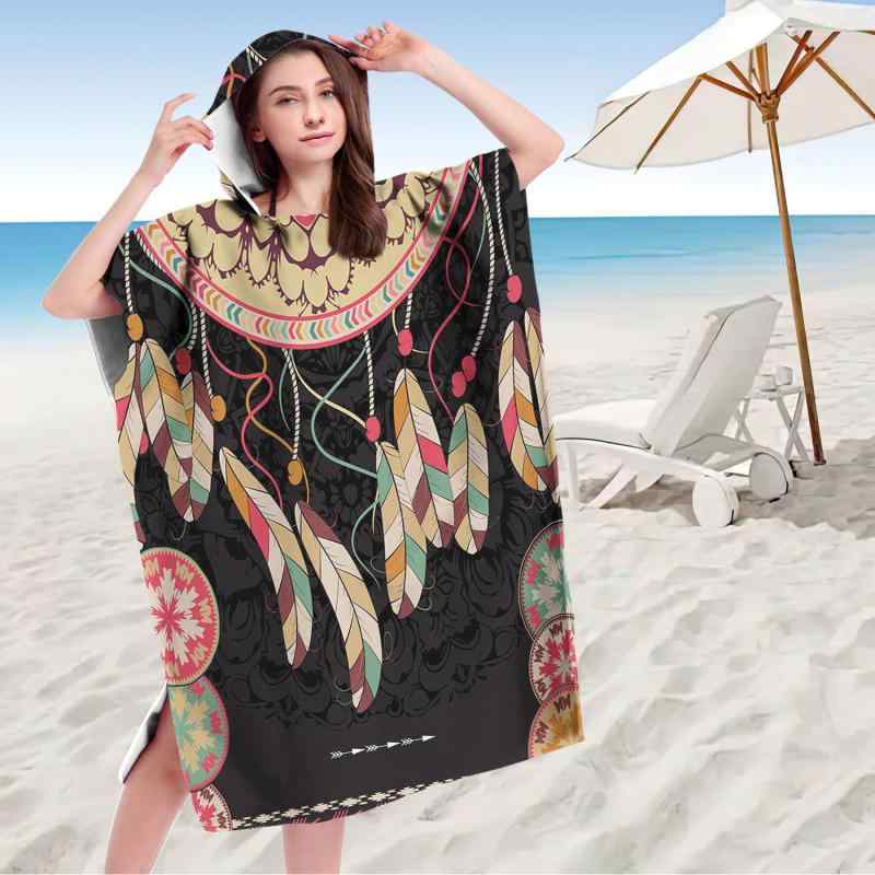 着替えポンチョ 大人用 フード付き マイクロファイバー 吸水速乾 厚手 ビーチタオル バスタオル 海 プール ドリームキャッチャー柄(x2)(3)