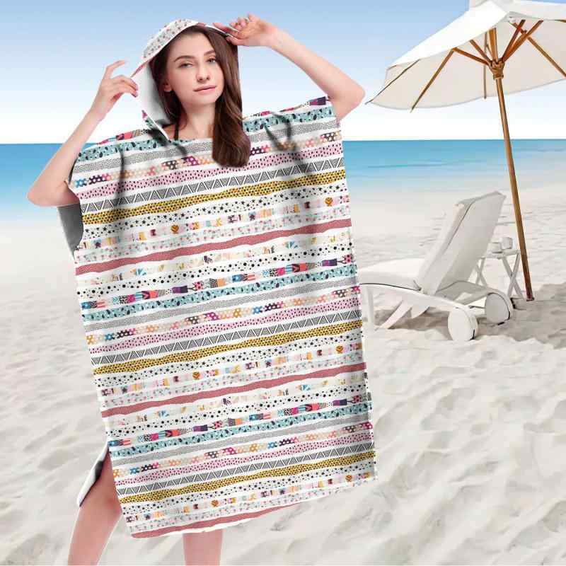 吸水速乾 マイクロファイバー フード付き ポンチョ 大人用 レディース メンズ ビーチ 着るバスタオル お着替え 厚手 プリント 幾何学柄(x2)