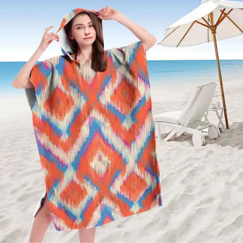 ビーチタオル 大人用 フード付き 着替えポンチョ 吸水速乾 マイクロファイバー 幾何学柄 プリント 海水..
